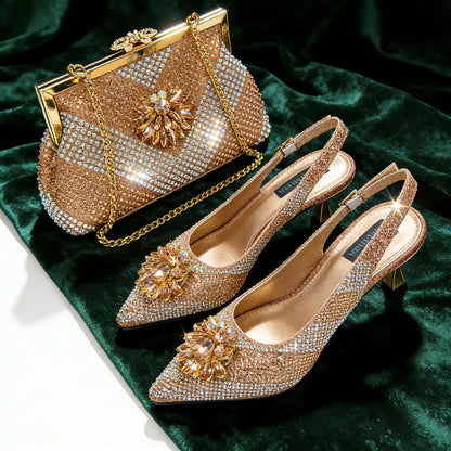 Italian Luxury Rhinestone Wine Pointed Toe High Heels with Matching Bag Set – Ideal for Parties and Special