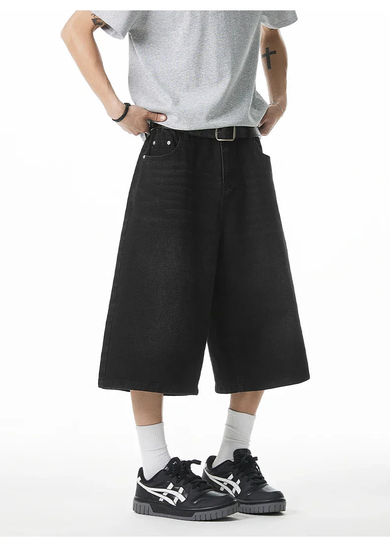 2025 Summer Men's Wide Leg Jeans Shorts Vintage Distressed Wash Y2K Straight Elastic Waist Loose Casual Relaxed Fit