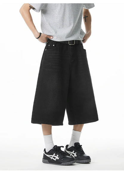 2025 Summer Men's Wide Leg Jeans Shorts Vintage Distressed Wash Y2K Straight Elastic Waist Loose Casual Relaxed Fit