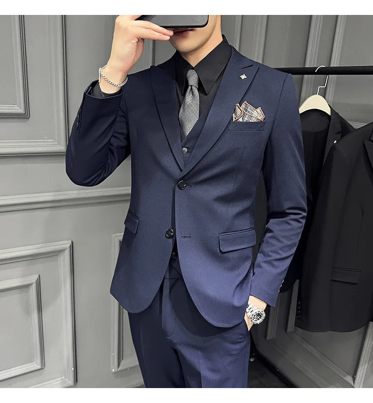 Slim Fit Men's Three Piece Suit Thin Single Button Notch Lapel Casual Fashion Cotton Blend Spring Autumn Wear for Youth
