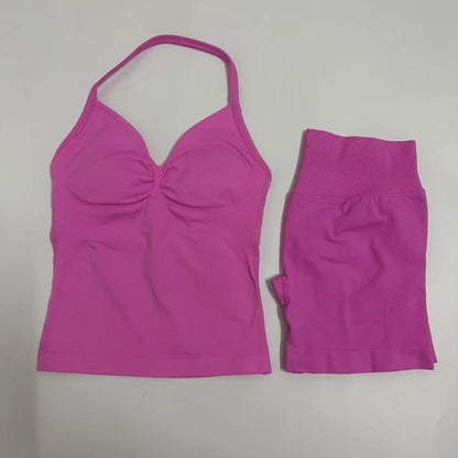 Women Yoga Set Seamless Yoga Longline Strappy Tank Top Scrunch Sports Shorts Gym Clothes Woman Summer Workout Outfit