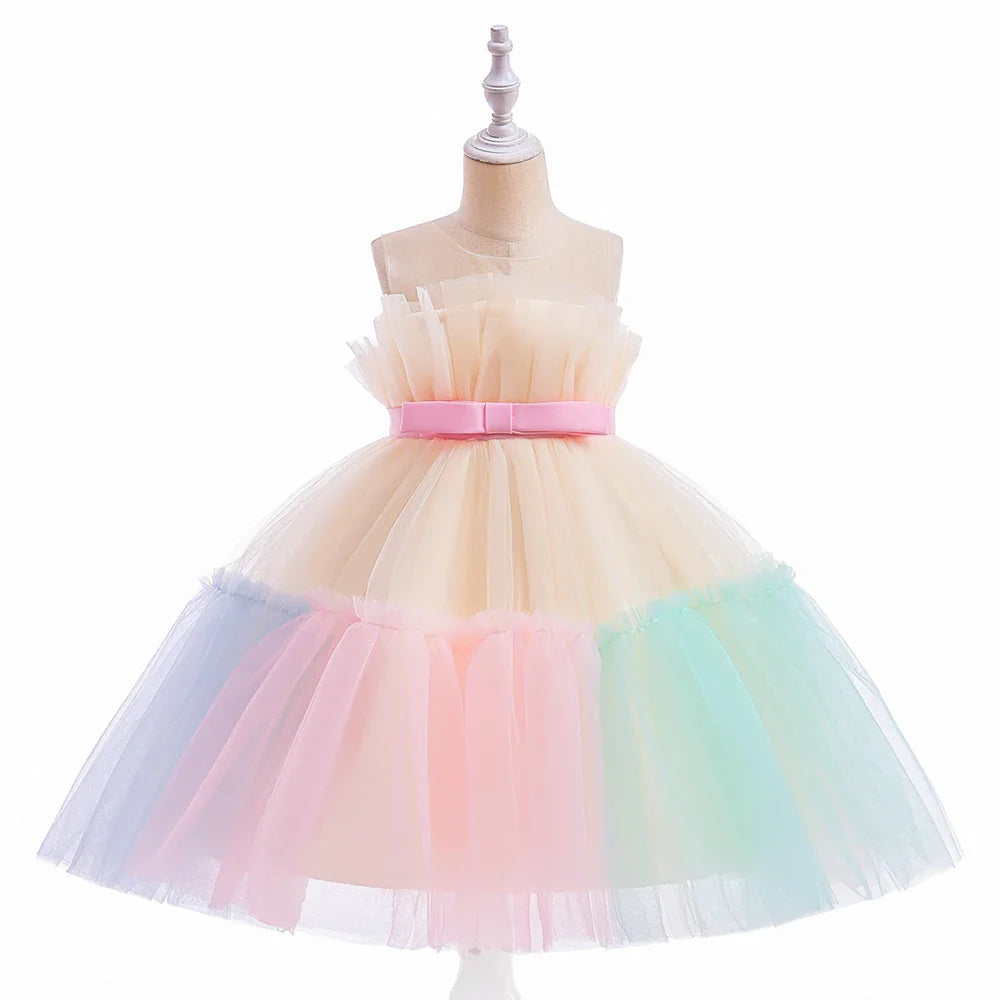 Summer Ruffles Bridesmaids Party Girls Dress Elegant Bow Wedding Birthday Princess Dresses Girl Tulle Pageant Evening Costumes