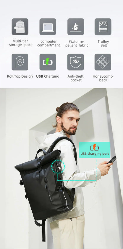 Expandable Travel Backpack Men Large Capacity Waterproof 15.6” Laptop Bag Hiking Rucksack Cycling Daypack Bag with USB Port
