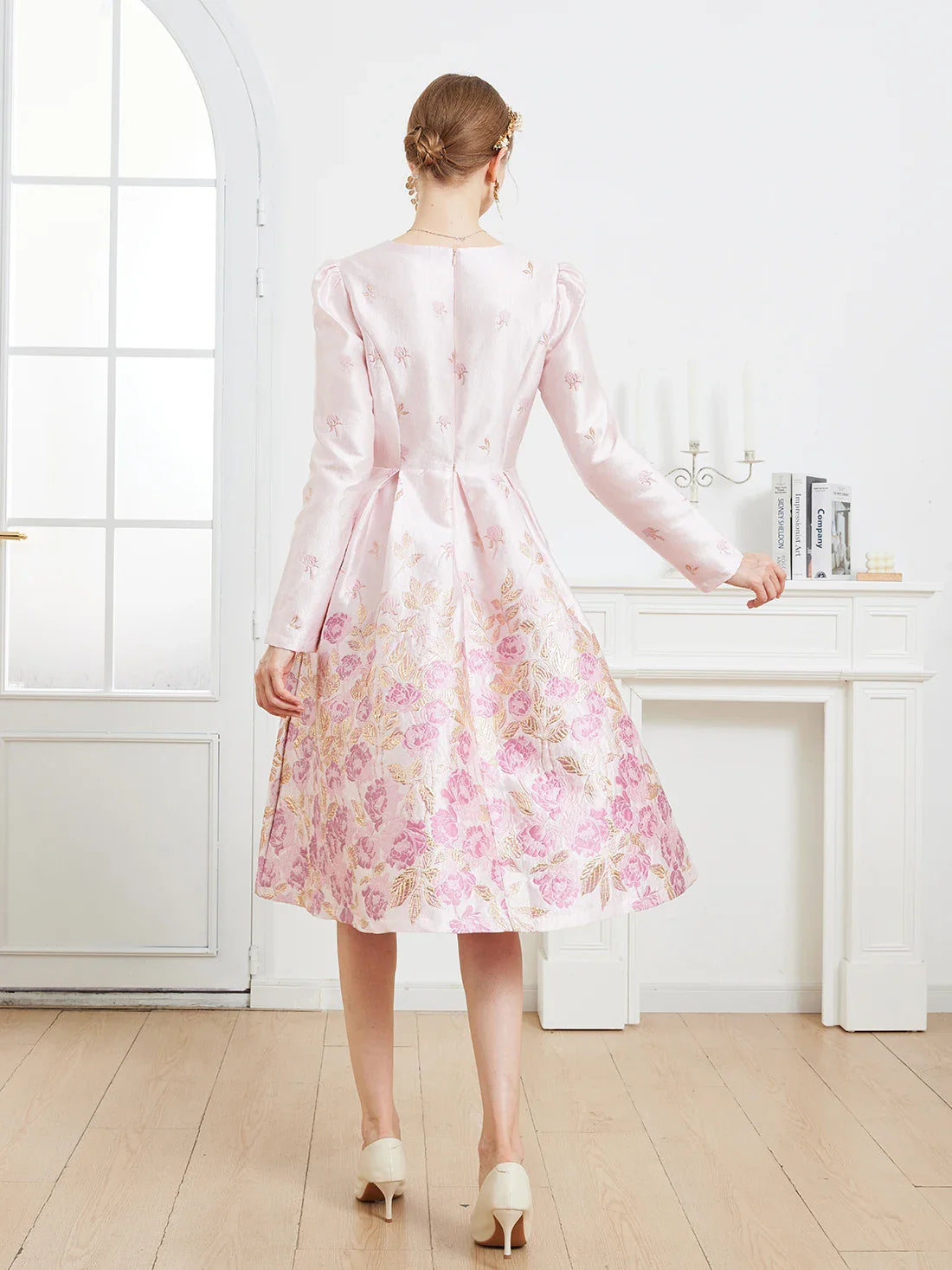 Fall/Winter Elegant French-style Romantic Pink Heavy Embroidery V-Neck Long-Sleeve Party Banquet Dress wedding guest dress