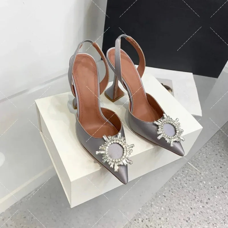 Women's Sandals 2026 New Sun Button Water Diamond Pointed High Heels Fashionable Banquet Wine Glass and Baotou Sandals