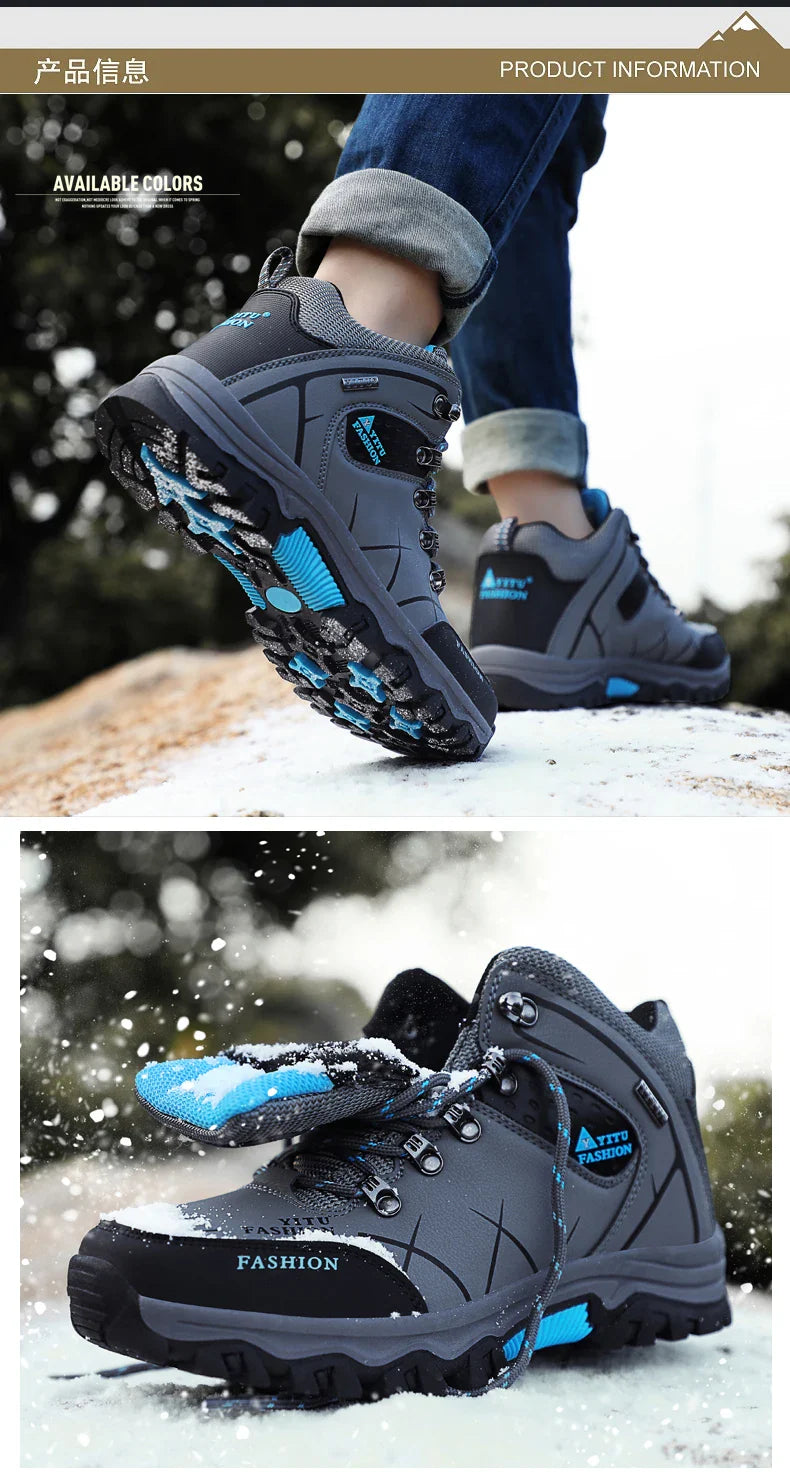Winter Warm Cotton Shoes Men Outdoor Leather Black Casual Shoes Fur Sneakers High Top Rubber Ankle Boots Male Hiking Trekking 46