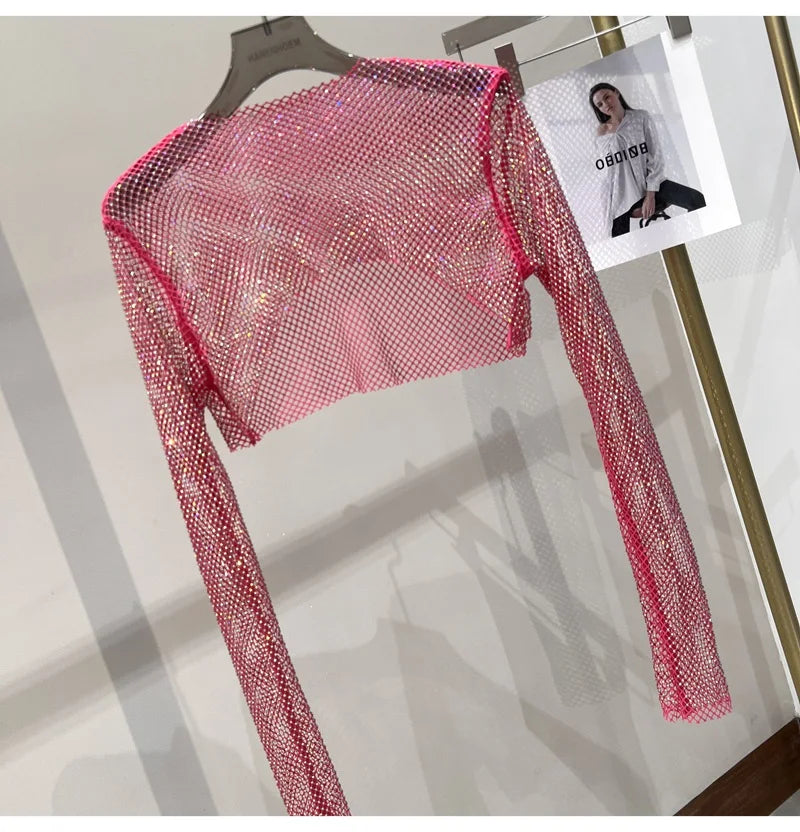 new sexy bright diamond short top Slim thin Ms. hot drill long-sleeved T-shirt sexy leak waist nightclub