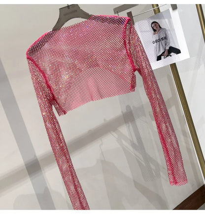 new sexy bright diamond short top Slim thin Ms. hot drill long-sleeved T-shirt sexy leak waist nightclub