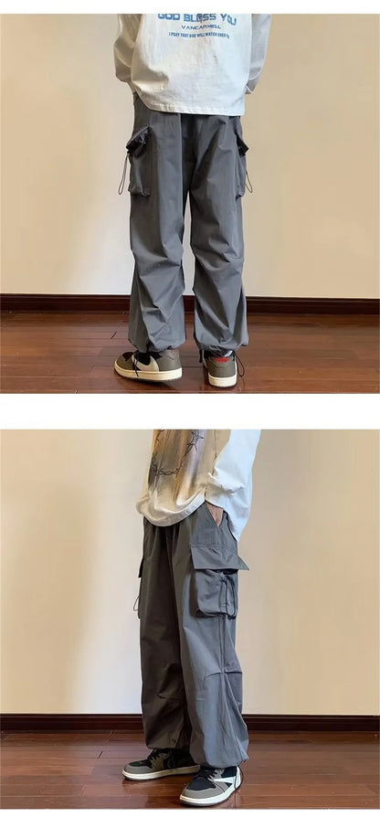 Streetwear 2025 New Spring Harem Multicolored Casual Pants Men Elastic Waist Solid Color Cargo Pants Multi Pocket Baggy Pants