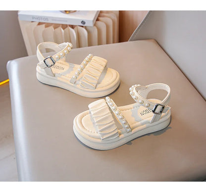 Girls Sandals Kids Summer Shoes Children's Beach Sandals with Pearls Princess Sweet Anti-slippery Open Toes Lace Chic Beading