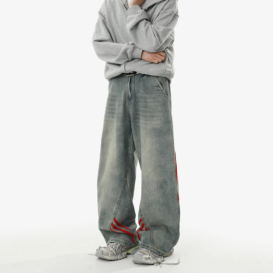 American retro baggy wide leg jeans for men and women  loose casual striped washed long pants