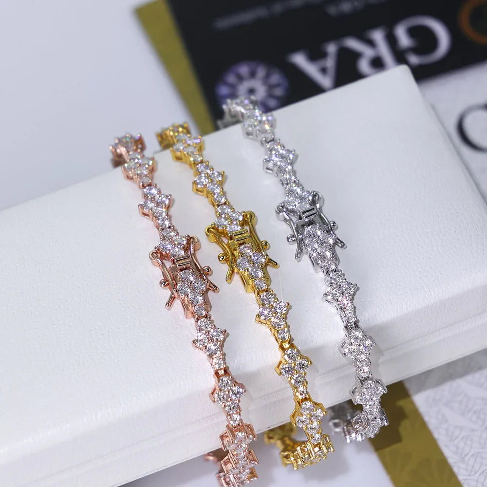 925 VVS Moissanite Star Chain Bracelet Hip Hop Jewelry Bling Iced Out Tennis Cross Bracelet Sterling Silver with GRA 7/8inch