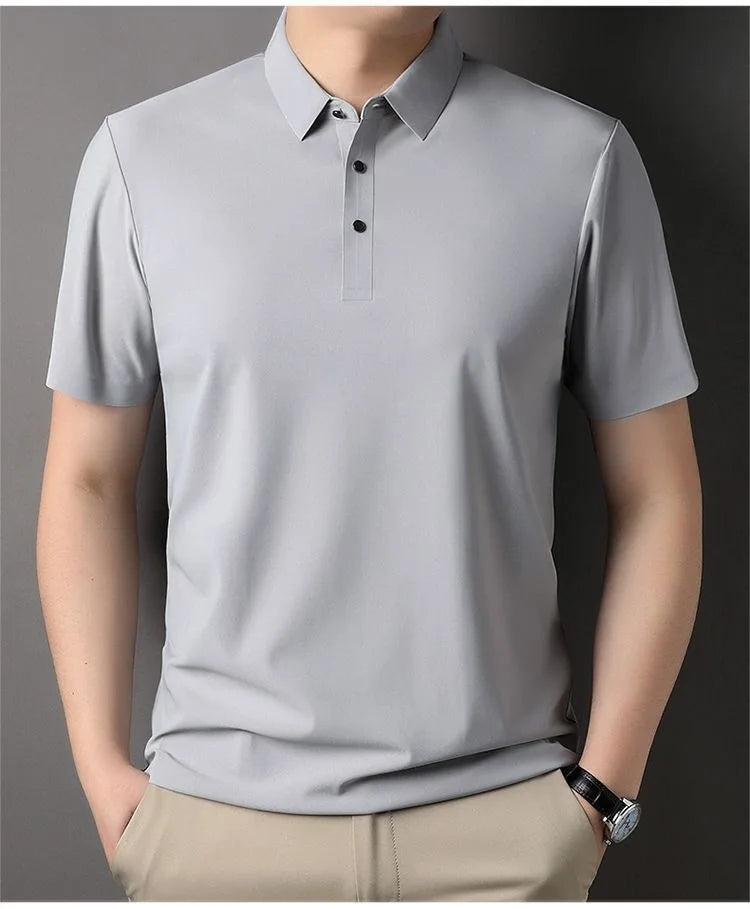 High quality wrinkle resistant ice silk short sleeve t-shirt men's summer Lapel loose casual solid color top high-end polo men