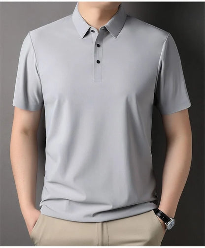 High quality wrinkle resistant ice silk short sleeve t-shirt men's summer Lapel loose casual solid color top high-end polo men
