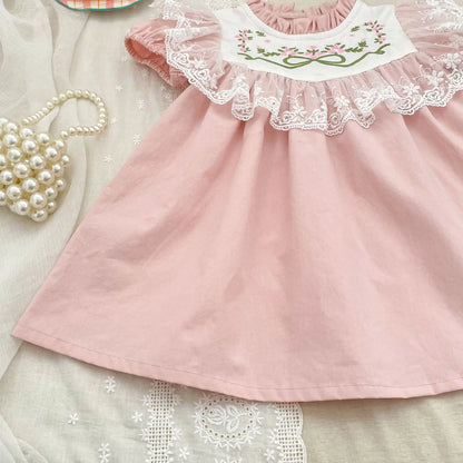 2026 New Summer Sister Clothing Short Sleeved Cotton Embroidery Kids Princess Dress 2-6Y Baby Girl Birthday Party Lace Dress