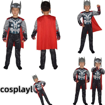 Halloween Carnival Clothes for Children Kids Thor Muscle Costume Superhero Thor Cosplay Muscle Costume Jumpsuit Mask Performance