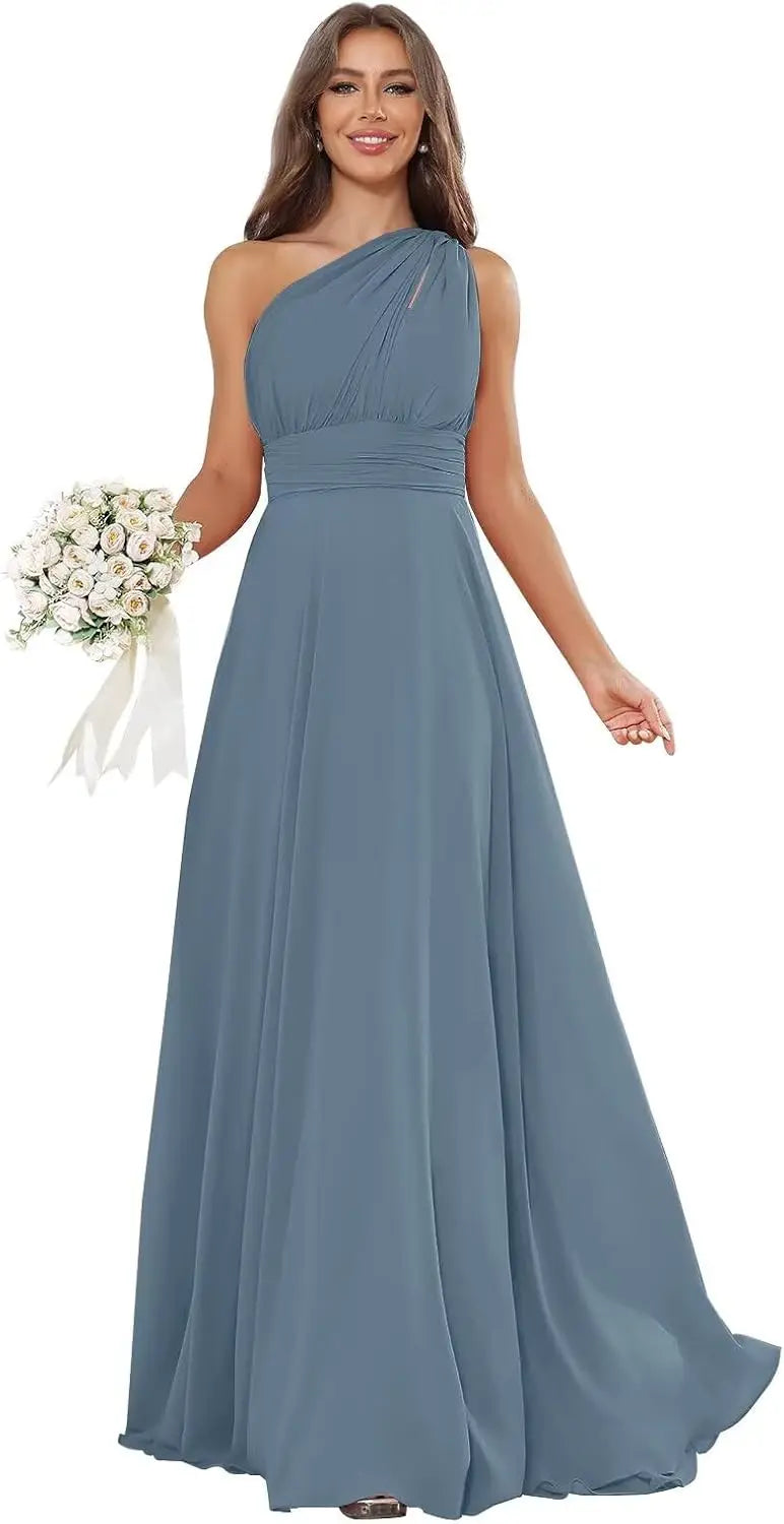 Vestidos de Daminha de Um Ombro para Mulheres Vestido de Noite Formal Longo de Chiffon Plissado Vestidos de Madrinha para Casamentos