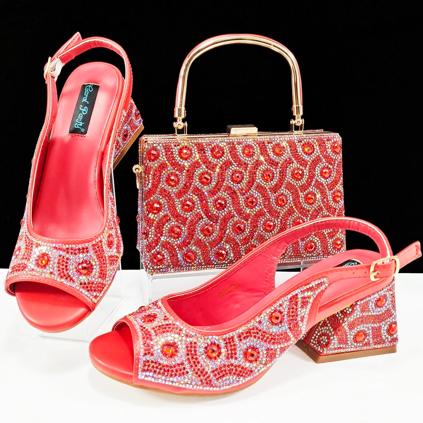 Q Rhinestone Design INS Hot Sale New Arrivals African Shoes and Bag Set in Green Color Open Toe Comfortable Women Heels