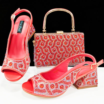 Q Rhinestone Design INS Hot Sale New Arrivals African Shoes and Bag Set in Green Color Open Toe Comfortable Women Heels