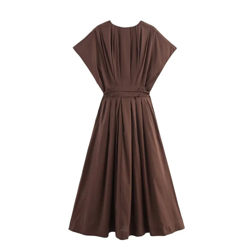 Summer 2025  women's elegant party dress Vintage V-neck fashion pleated lace-up MIDI poplin dress