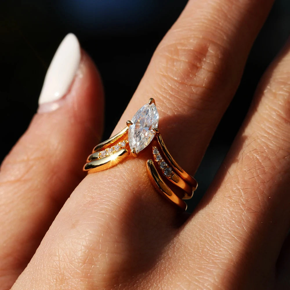 Marquise Cut Moissanite Ring Set S925 Silver Plate 18K Gold for Women GRA Certified Lab Diamond Wedding Band Gifts Jewelry