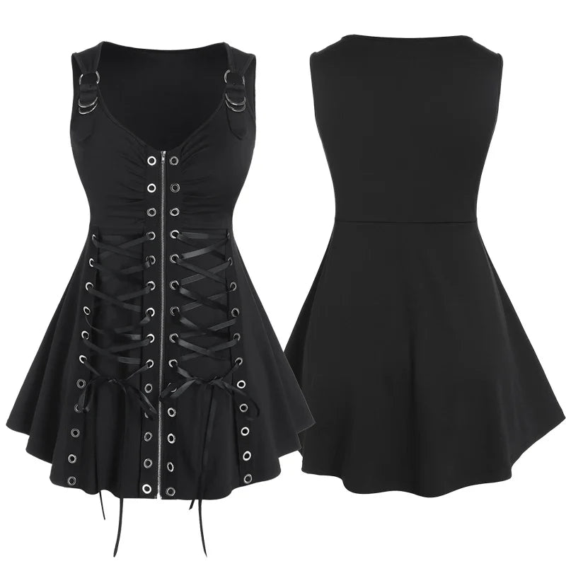 Plus Size Gothic Full Zipper Grommets Camis Tops Buckle Strap Plaid Vest Women Summer Sweetheart Neck Empire Waist Tanks