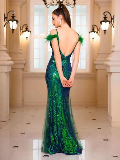 Spaghetti Strap Feather Off Shoulder Graduation Party Dress Sequin Backless V Neck Prom Gown Elegant Celebrity Dresses
