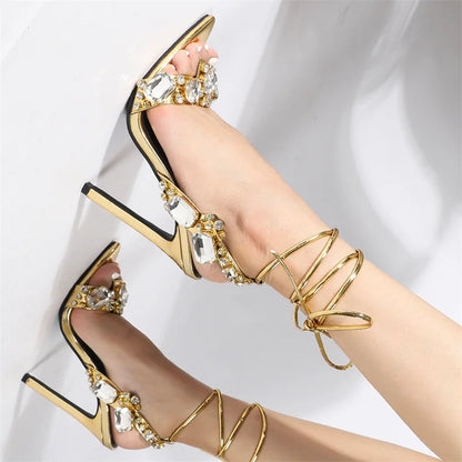 Sexy Ankle Strap Golded Sandals Women Party Nightclub Stripper Heels High Quality Crystal Diamond Pointed Toe Wedding Shoe