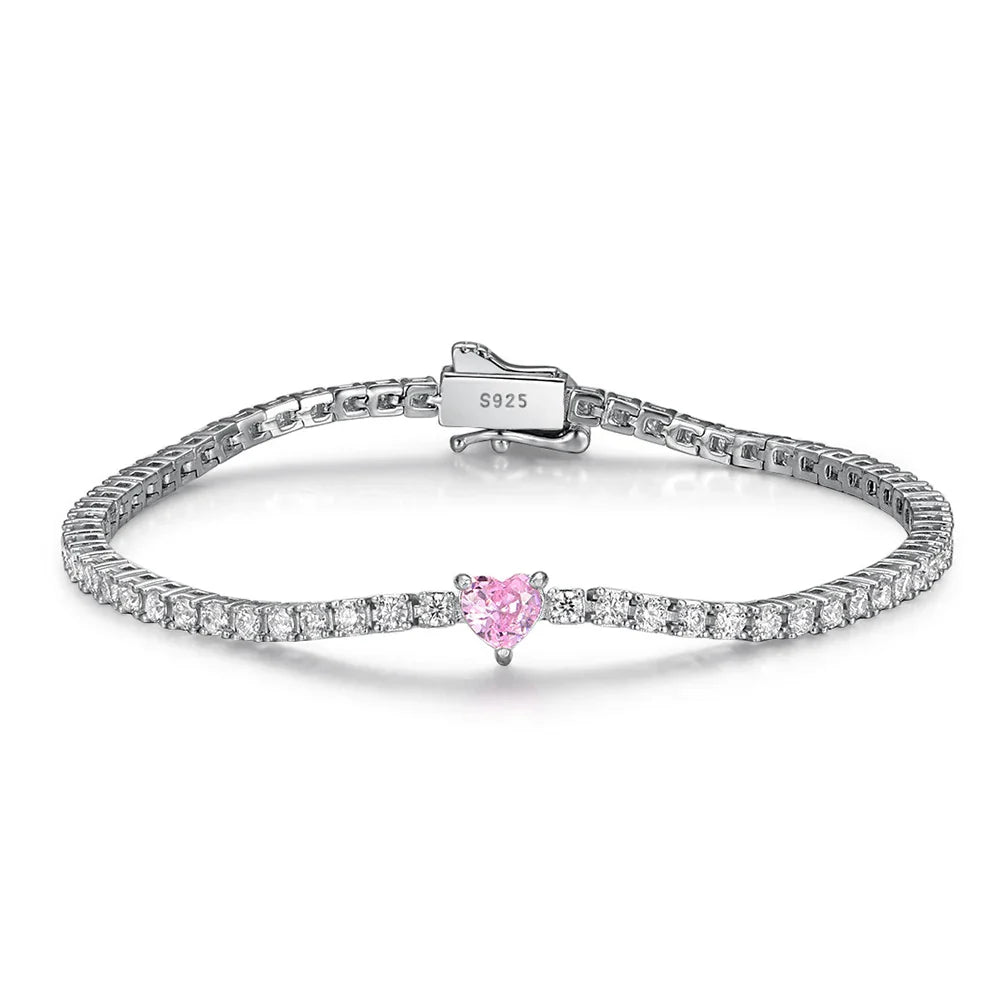 2mm Round Moissanite Tennis Bracelets with 5mm Pink White Heart Cut Diamond Bracelet for Women Men 925 Sterling Silver Bangle