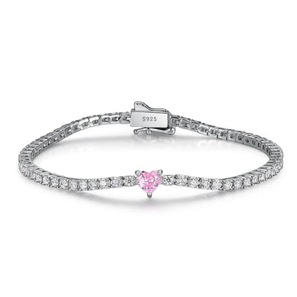 2mm Round Moissanite Tennis Bracelets with 5mm Pink White Heart Cut Diamond Bracelet for Women Men 925 Sterling Silver Bangle