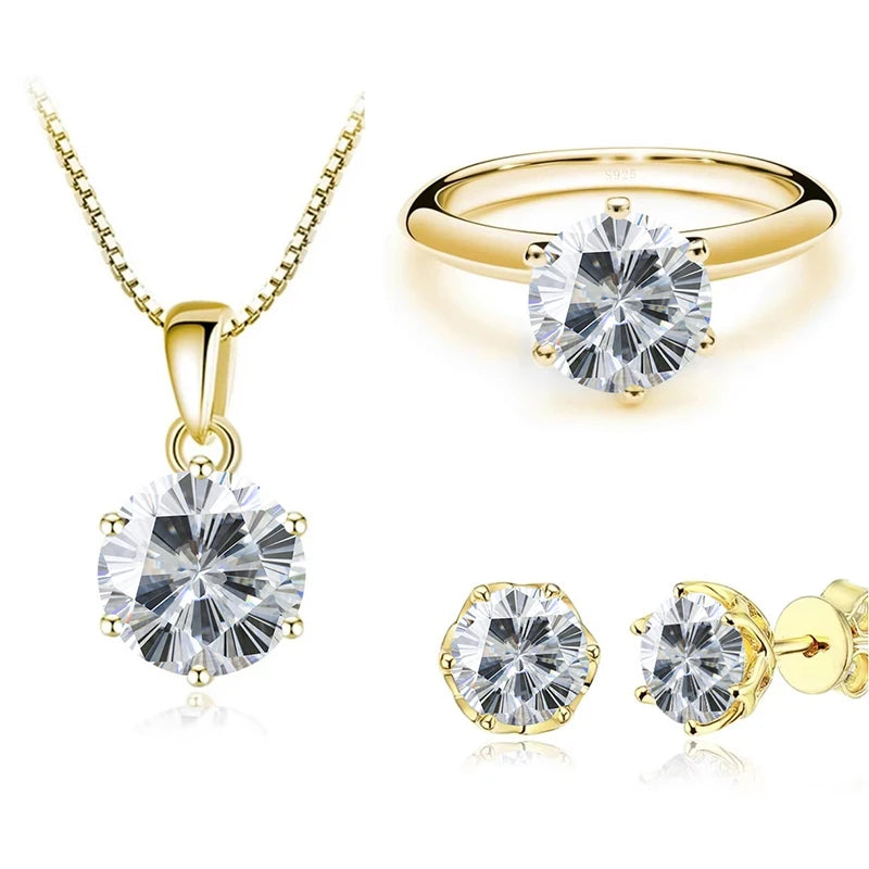 1Carat Moissanite Jewelry Set For Women Sterling S925 Silver Gold Plated Necklace Earrings Ring GRA Certified Wedding