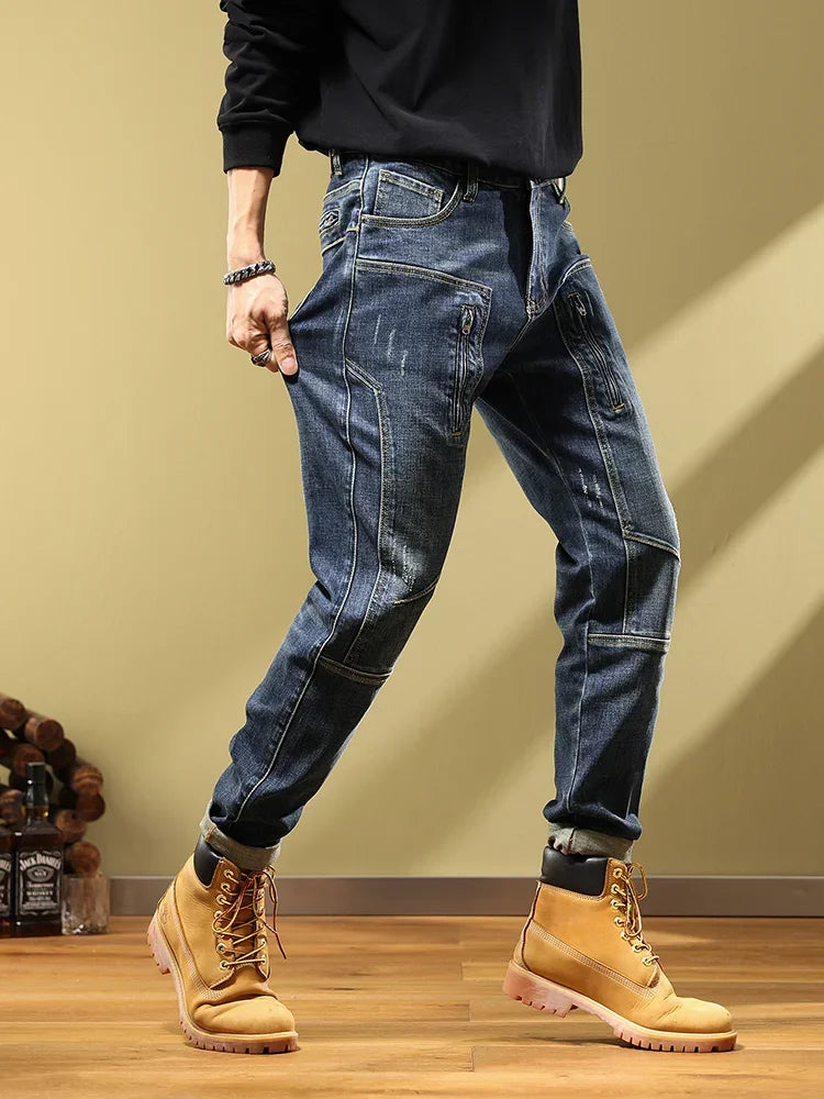 Man Cowboy Pants with Pockets Men's Jeans Motorcycle Tapered Trousers Straight Retro Trend 2025 Classic Stylish Goth Denim Buggy
