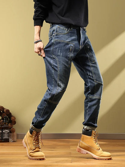 Man Cowboy Pants with Pockets Men's Jeans Motorcycle Tapered Trousers Straight Retro Trend 2025 Classic Stylish Goth Denim Buggy