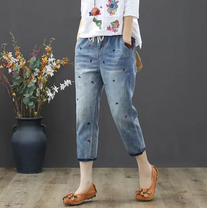 Womens Vintage Floral Loose Denim Pants 2025 Spring Chinese Style Casual Ripped Blue Jeans Holes Elastic Harem Trousers