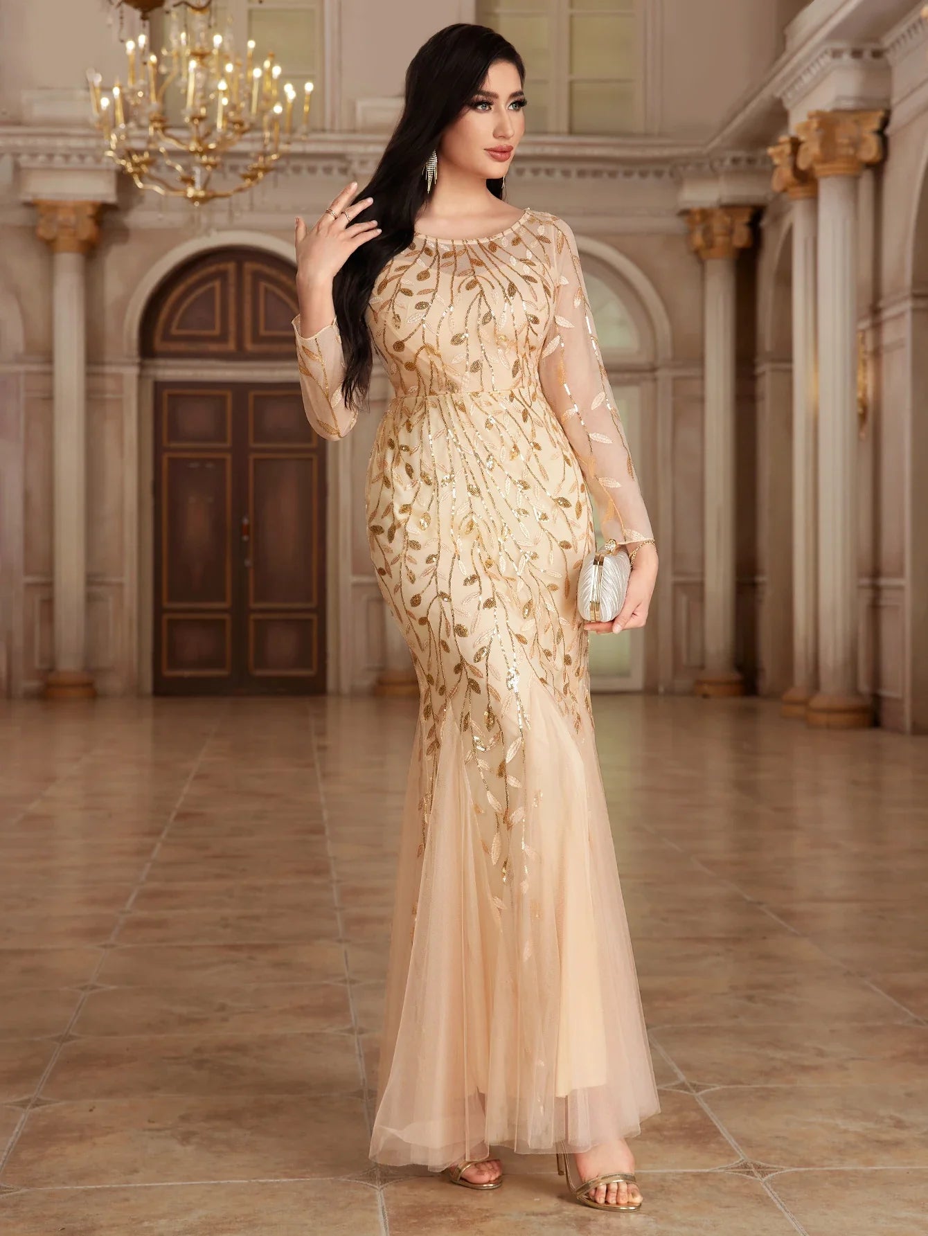2024 Plus Size Evening Dresses Mermaid O Neck Full Sleeve Lace Appliques  vestidos elegantes  party dress  long