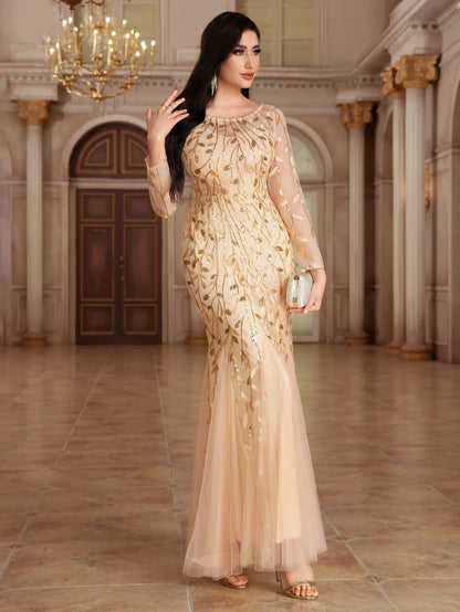 2024 Plus Size Evening Dresses Mermaid O Neck Full Sleeve Lace Appliques  vestidos elegantes  party dress  long