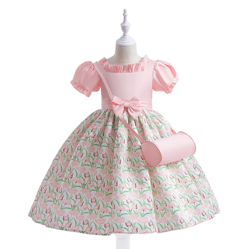 Summer Girls Dress With Bag Elegant Kid Floral Print Princess Party Dresses For Girl Children Costume Birthday Wedding Prom Gown