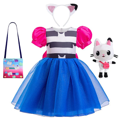 Cats Bow Princess Dress Girls Summer Doll House Cosplay Fancy Cute Frocks Children Holiday Halloween Birthday Party Gown