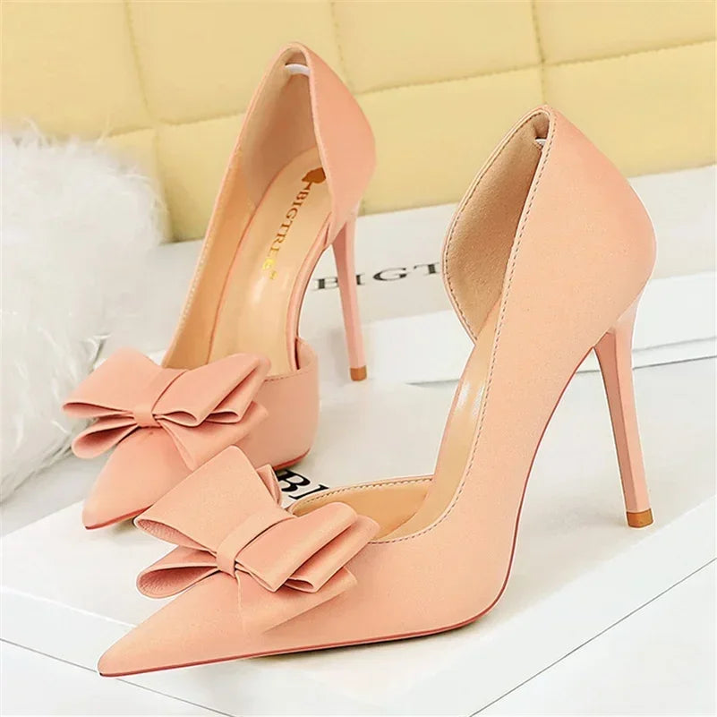 2024 Women 10.5cm High Heels Sweet Korean Side Hollow Pumps Lady Party Purple Green Kawaii Bowknot Heels Prom Silk Satin Shoes