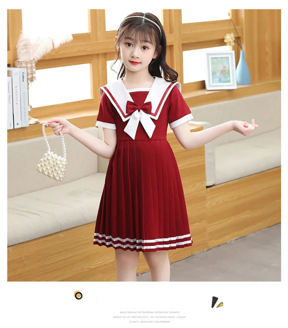 Short Sleeve Solid Color Sailor Collar Dress Girls Princess Style Birthdays Party Dress Girls Casual Dresses