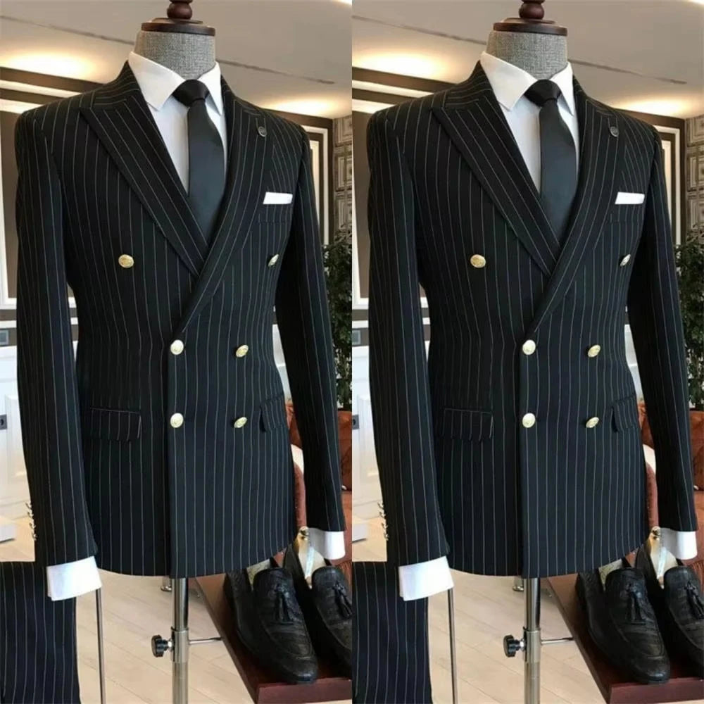 Men's 2 Piece Striped Suit Set Golden Double Breasted Lapel Jacket Elastic Pants Wedding Party Prom Dinner Travel 2026 New