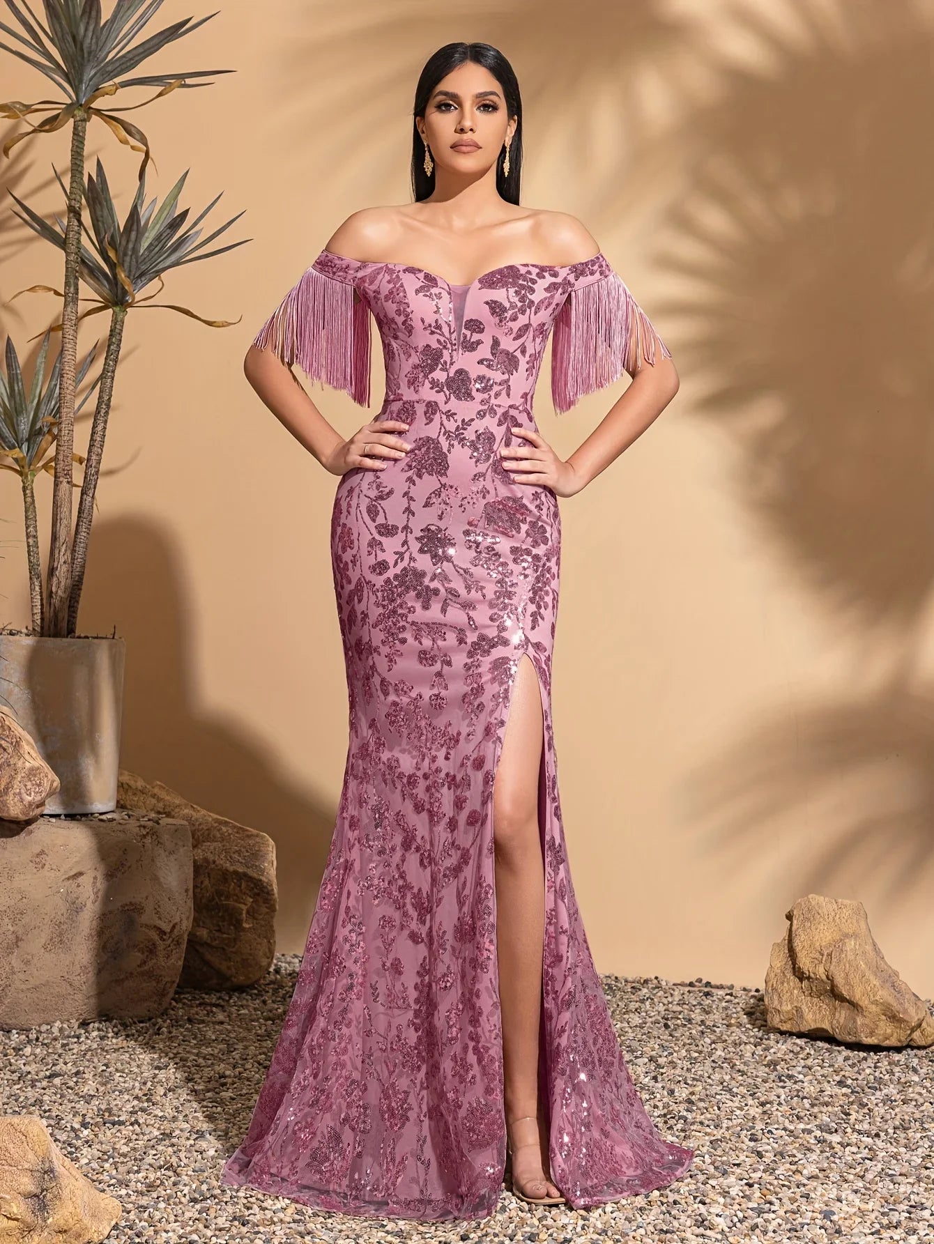 Off-the-shoulder sequined tassel sleeve slit dress