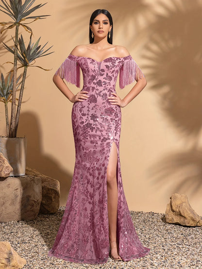 Off-the-shoulder sequined tassel sleeve slit dress