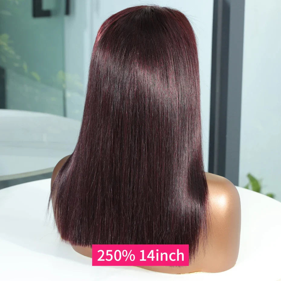 13x6 13x4 Frontal Bob 100%Human Hair Lace Front Wig Dark 99J Burgundy Square Cut Raw Vietnamese Bone Straight 250% Pre Plucked