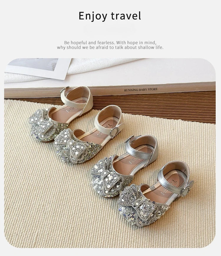 Faux Gemstones Shoes for Kids Girls Shining Crystal Girls Dress Shoes for Party and Wedding Bowtie Children Girl Sandals I04204