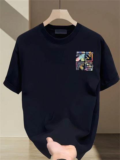 100% cotton men's casual loose T-shirt fashionable trendy brand pattern printed breathable round neck short sleeved top
