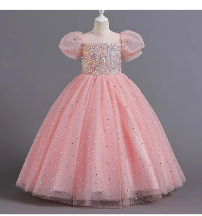 Children's Dress Girls' Princess Sequin Bubble Sleeve Long Mesh Flower Little Girl Wedding For Summer