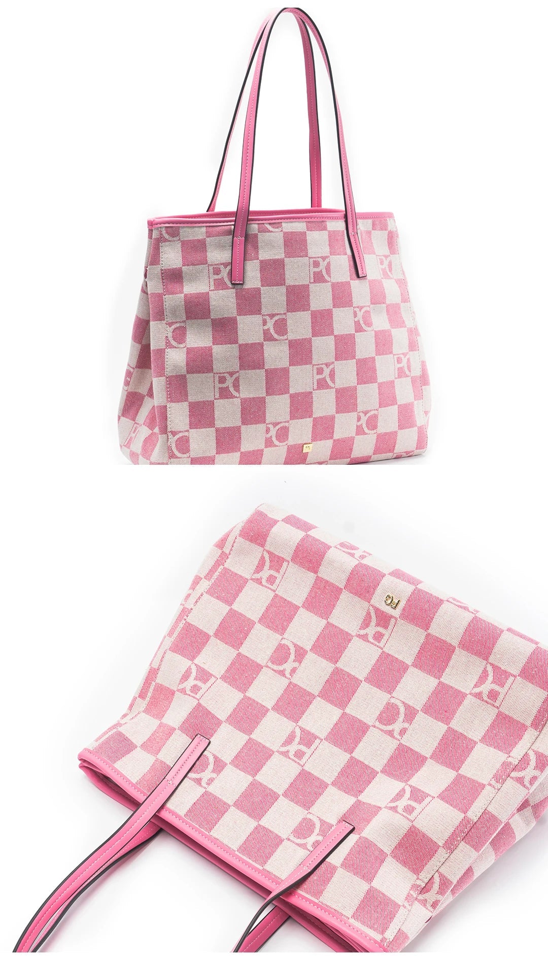 PG Shoulder Bag For Women Premium Checkerboard Canvas Tote Fashion Pink Leather Strap Handbag Elegant Office Commute Daily Bag
