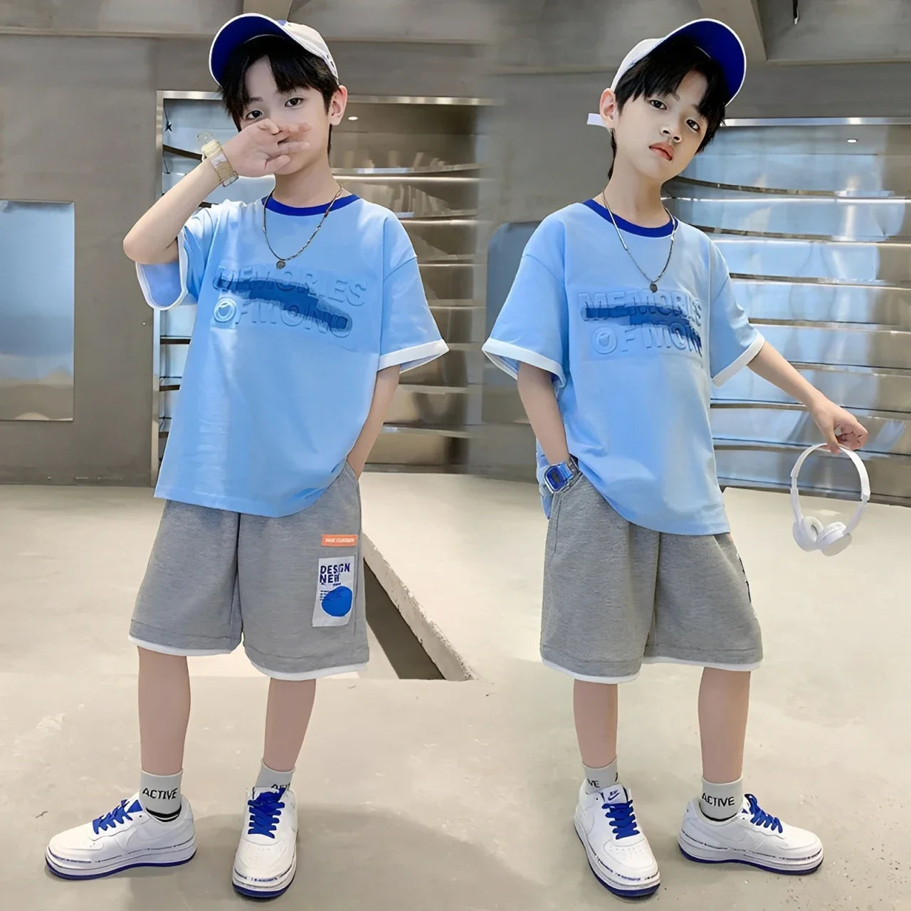 Teen Boys Tracksuit Clothes Sets 2026 Summer Children Gradient Letter Print Short Sleeve T-shirt+Shorts 2Pcs Kids Casual Outfits