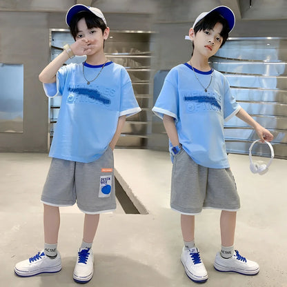 Teen Boys Tracksuit Clothes Sets 2026 Summer Children Gradient Letter Print Short Sleeve T-shirt+Shorts 2Pcs Kids Casual Outfits